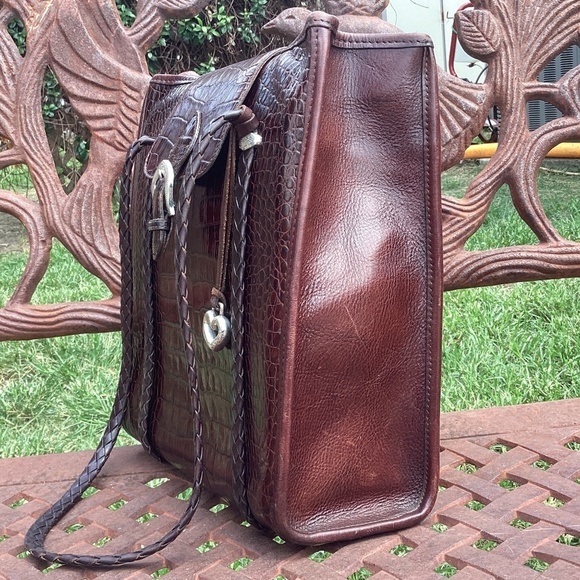 Vintage Brighton Mahogany Silver Flap Top Croc Embossed Leather Messenger Bag - Picture 3 of 9